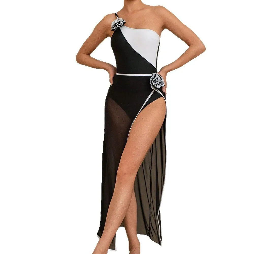 Black one-shoulder one-piece swimsuit with 3D flower detail and matching long skirt, sizes S-XXL