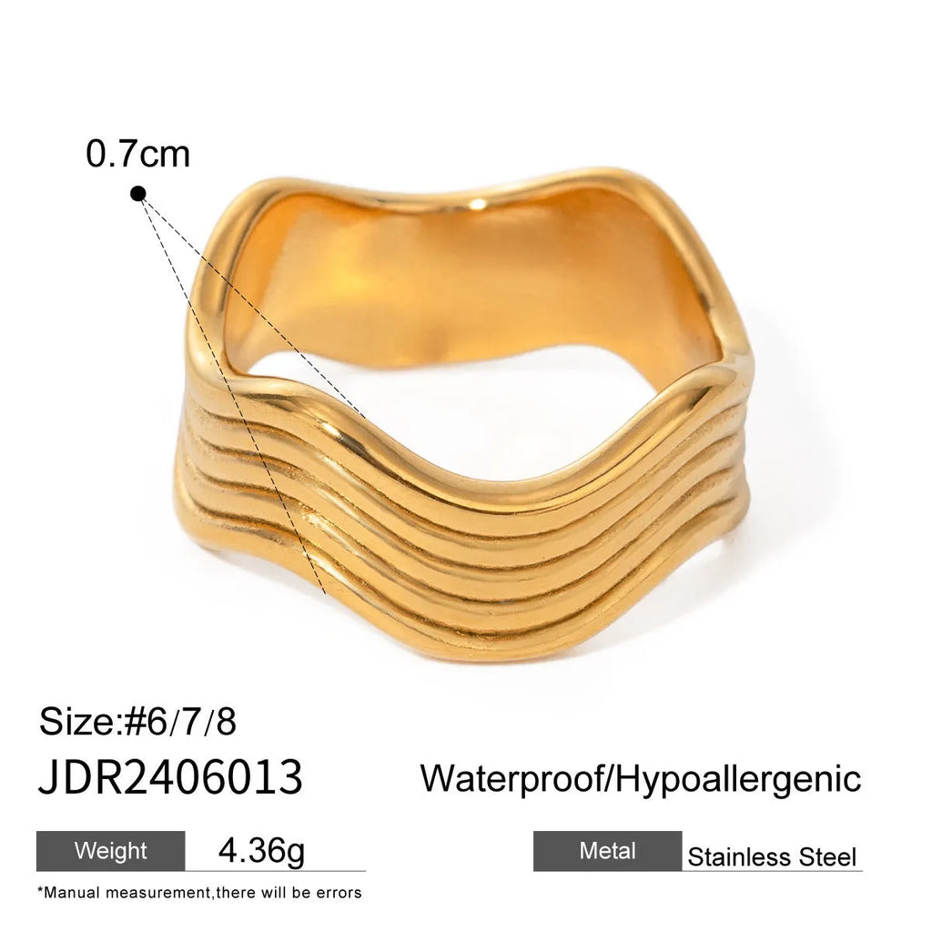 A geometric wide-band stainless steel ring with a wave design, shown in a polished silver tone.