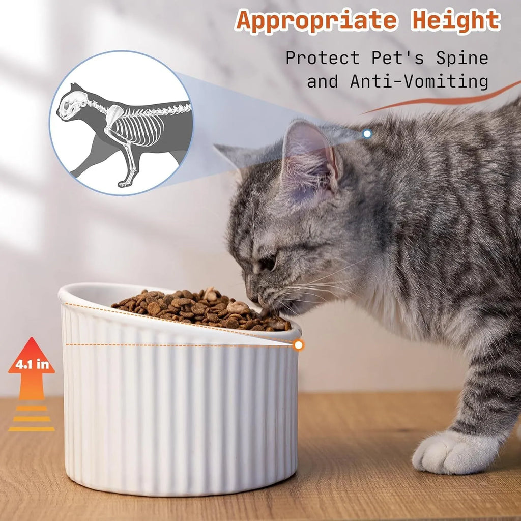 Elevated ceramic cat bowl in green, shown at a tilted angle to highlight its raised base and round feeding dish.