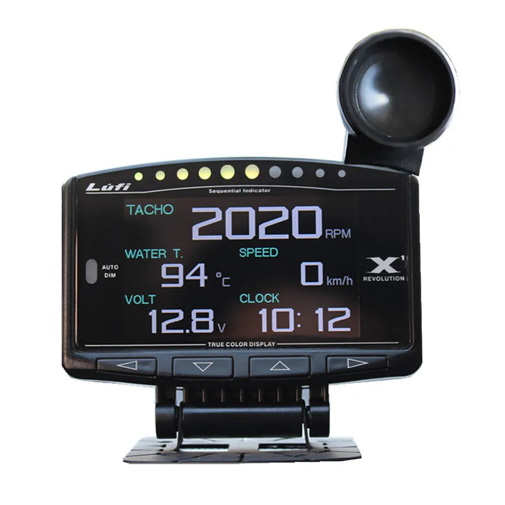 X1 automotive OBD instrument with LED display and metal body showing 10mm size specification