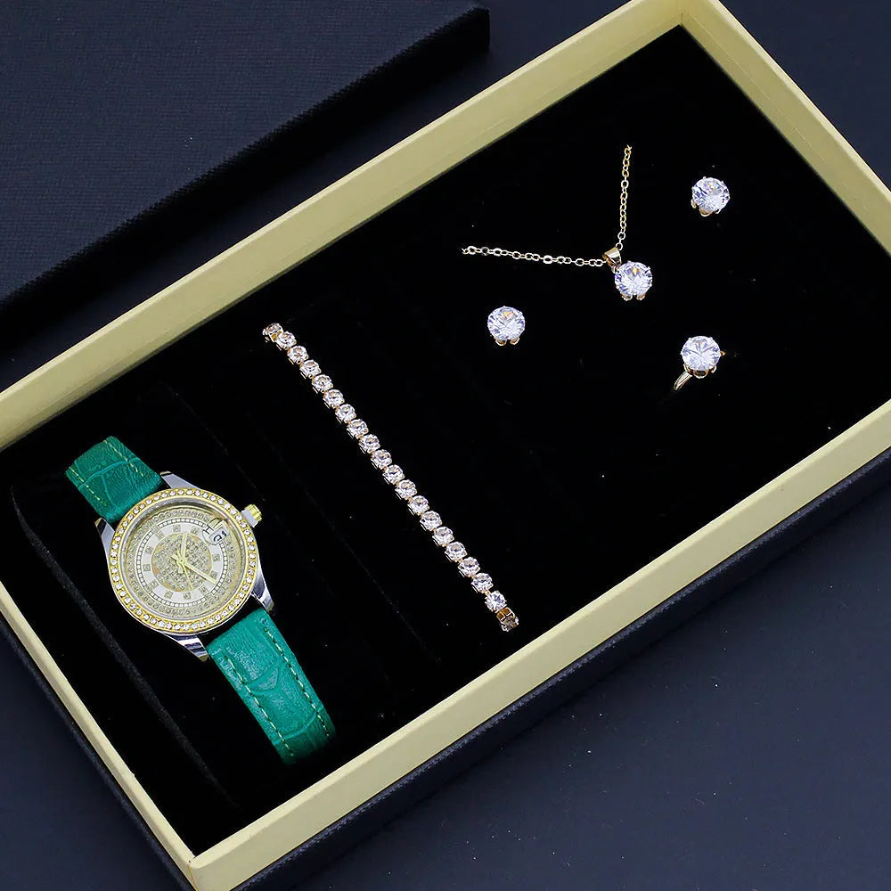 Ladies watch jewellery set gift box with white face white strap watch, bracelet, necklace, stud earrings, and ring
