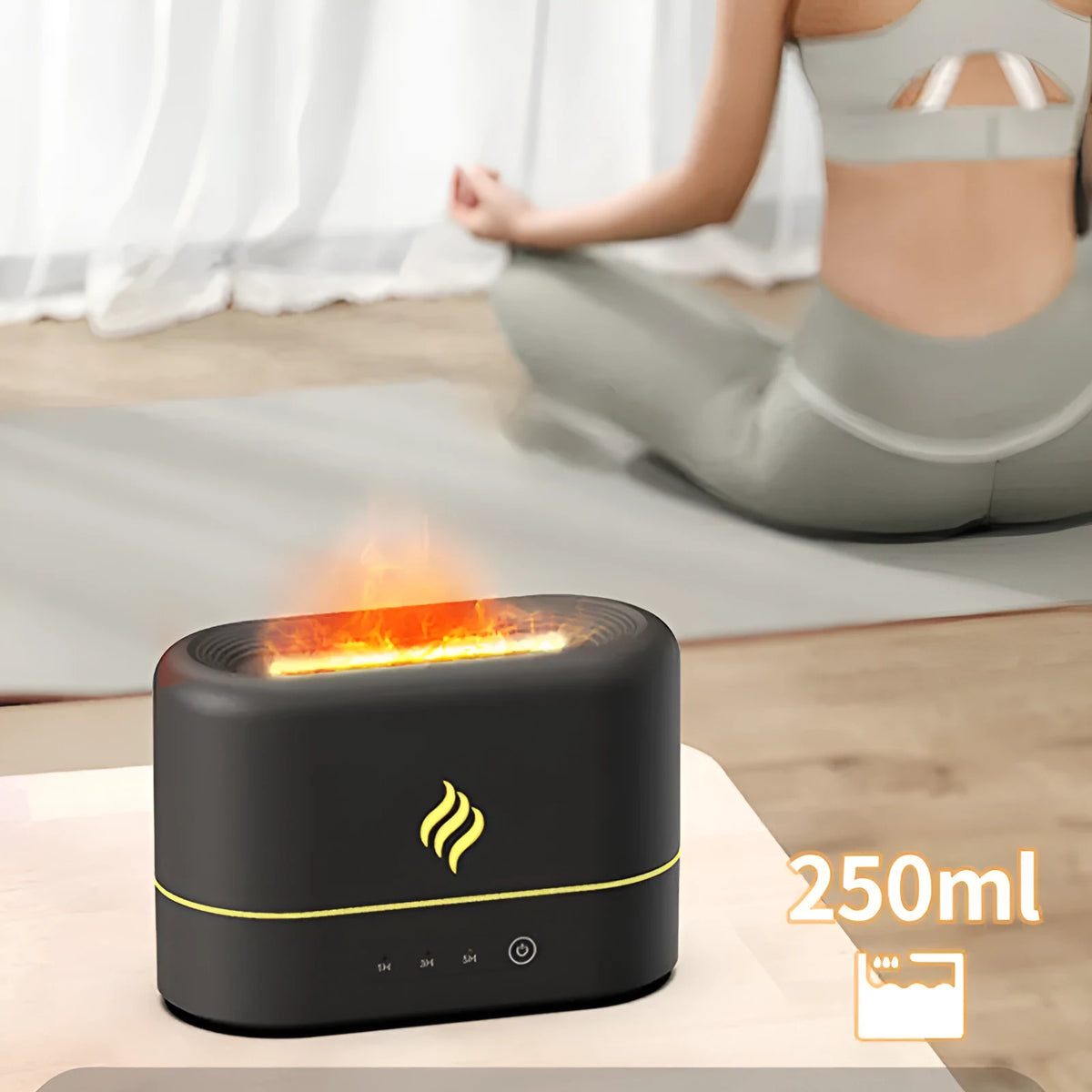 Black or white USB aroma diffuser humidifier with seven-colour flame effect display.
