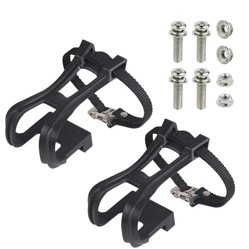 Fitness spinning pedal foot holder rope set with plastic holder, metal lashing, bolts, and flange nuts