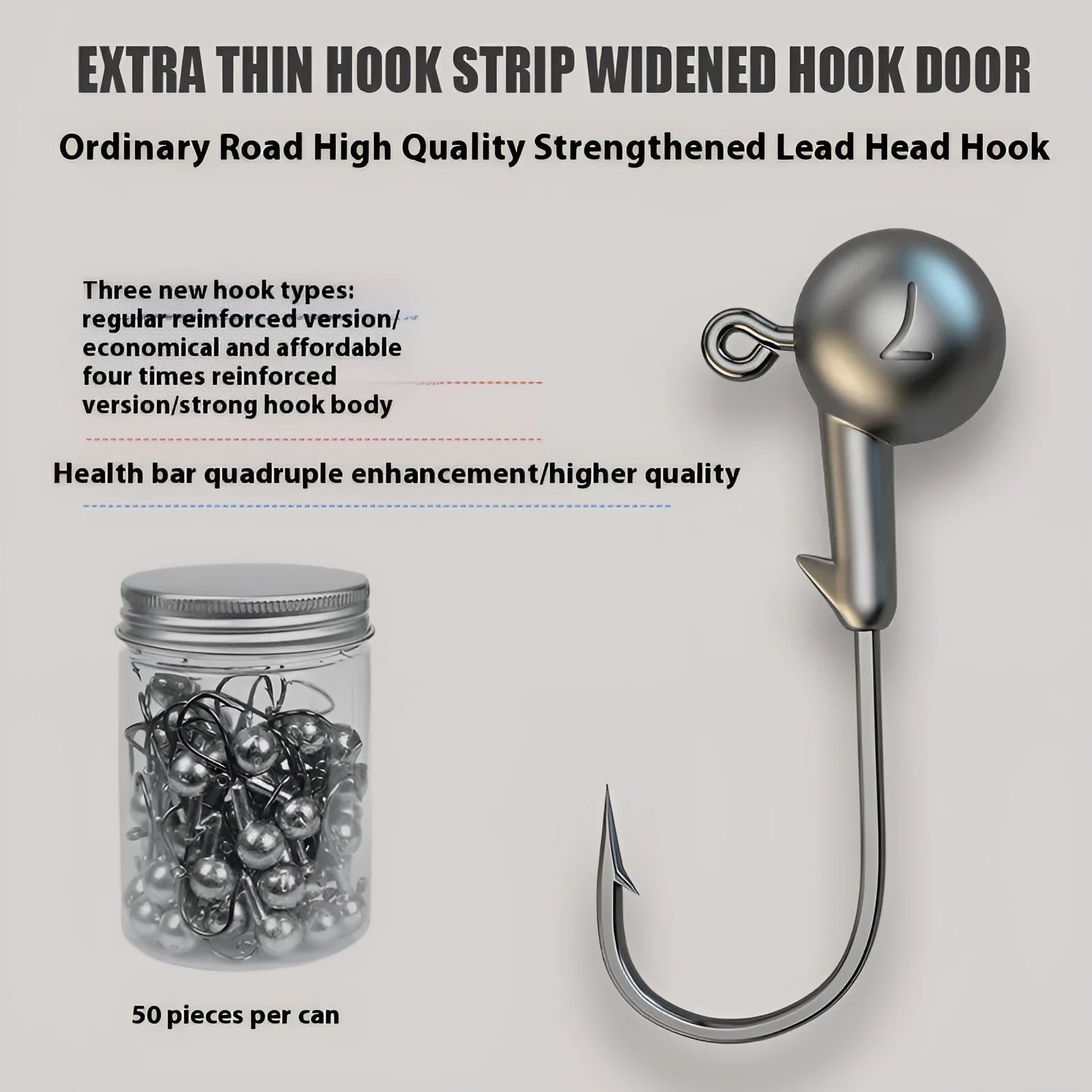 Pack of 50 colour coded enhanced strength fishing jig hooks laid out on a surface.