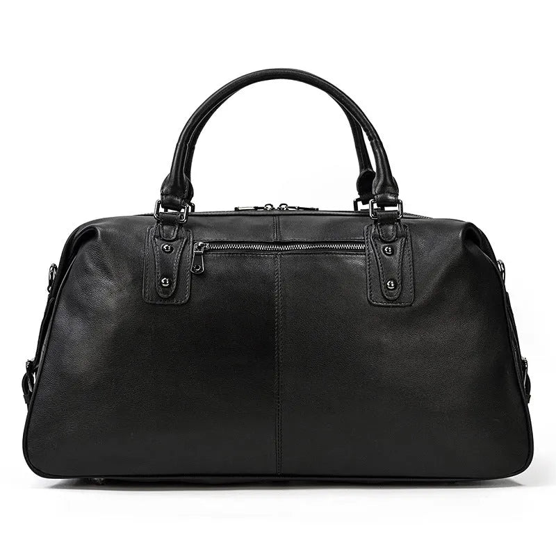 Men's retro genuine leather travel bag in black, 50cm x 18cm x 28cm large capacity holdall for business travel