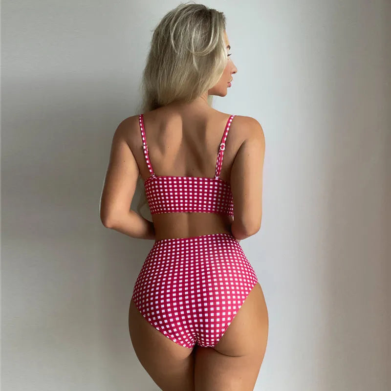 Women's high waist bikini swimsuit set with plaid pattern in multiple colour options