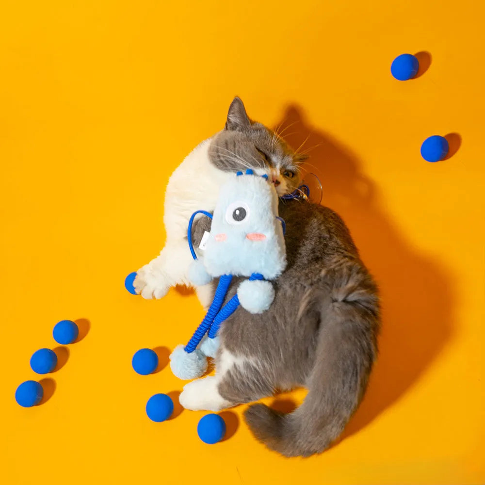 Blue telescopic elastic cat toy with plush element and mint-scented bell ring extended during play