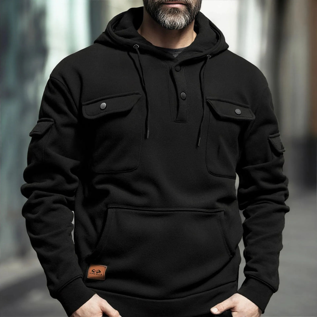 Button multi-pocket sweater in black, loose fit, wool lined, sizes S to XXXL for men