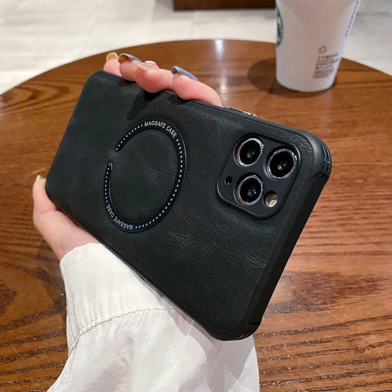 Black imitation leather magnetic charging phone case for iPhone showing business design