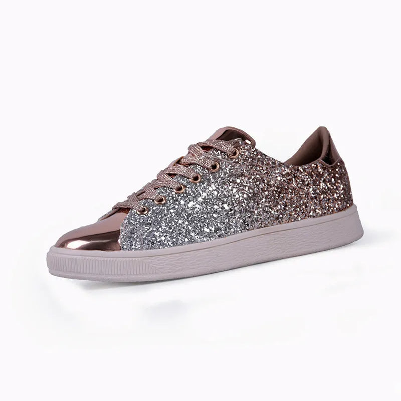 Women's colourful sequin low-top shoes with PU sequin upper, leather lining, rubber sole, front lace-up, black pink gold