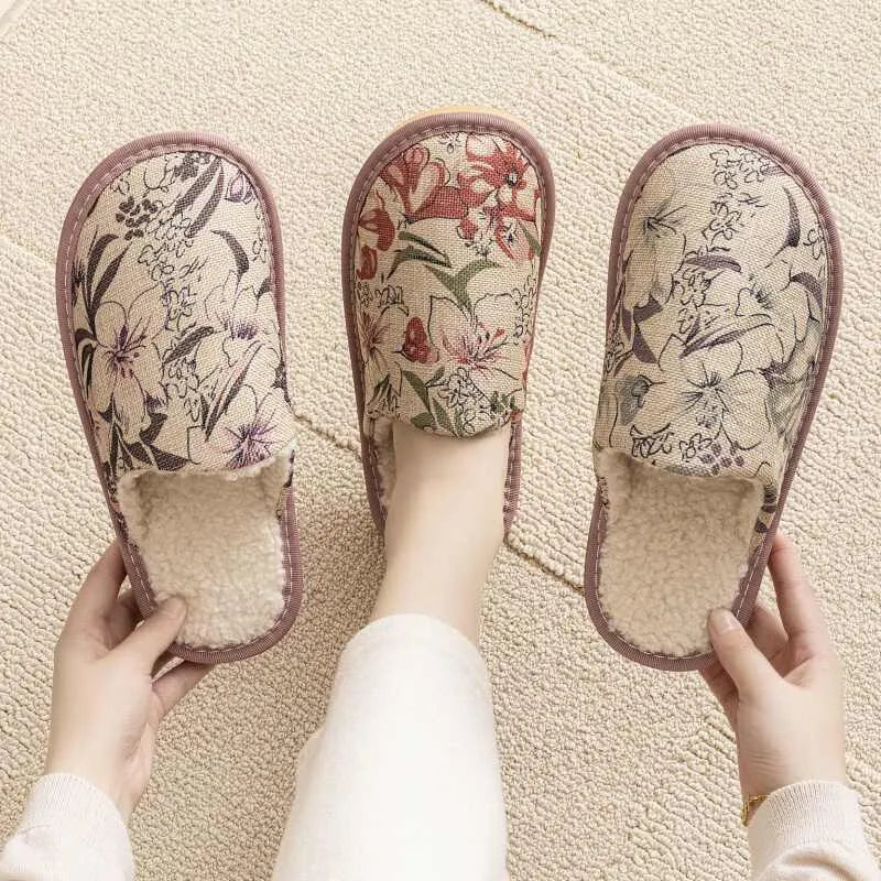 A pair of cotton household slippers with a linen surface and PVC sole in one of six colour options.