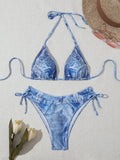 Women's denim blue printed two-piece bikini set with adjustable straps in nylon spandex fabric