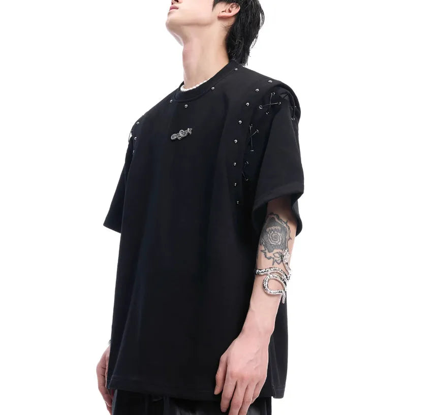 Black deconstruction lace-up cutout short sleeve summer t-shirt on mannequin showing side detail