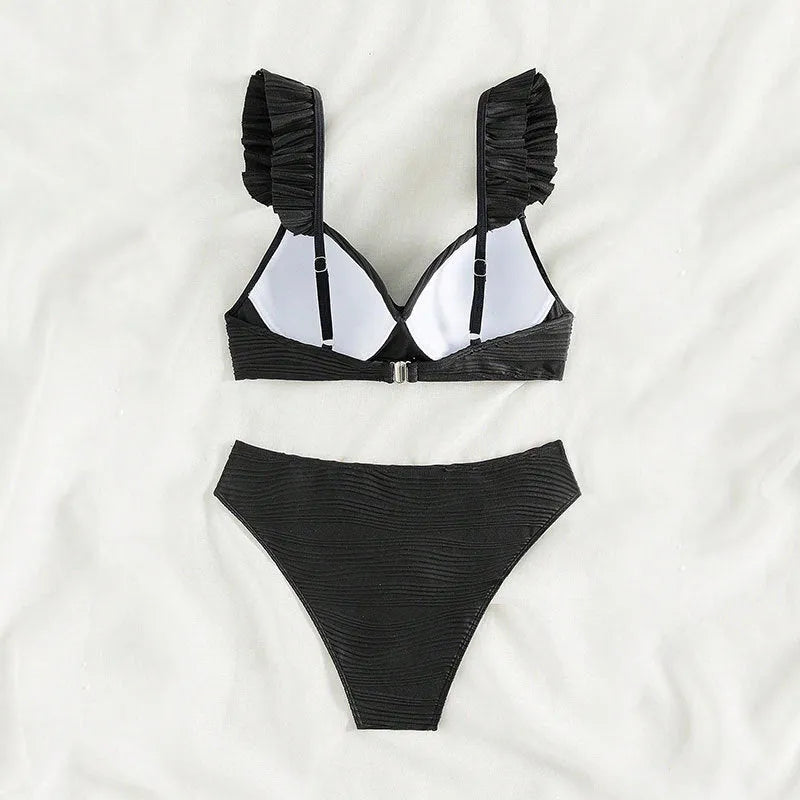 Women's solid colour bikini swimsuit in black or khaki, made from polyester.