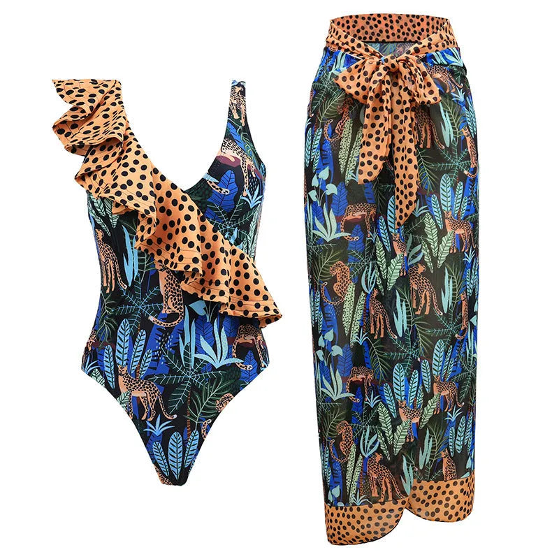 Women's solid colour one-piece swimsuit with spaghetti straps and a matching removable skirt.