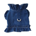 Denim dog dress with ruffle vest and leash hook points on chest and back in dark blue