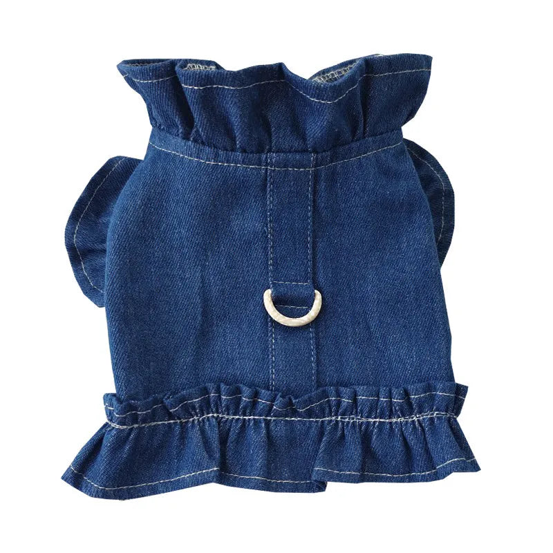 Denim dog dress with ruffle vest and leash hook points on chest and back in dark blue