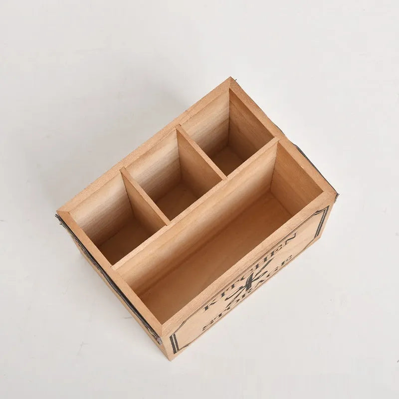 Wooden cutlery storage box with divider grid measuring 12.5cm by 12.5cm by 23cm