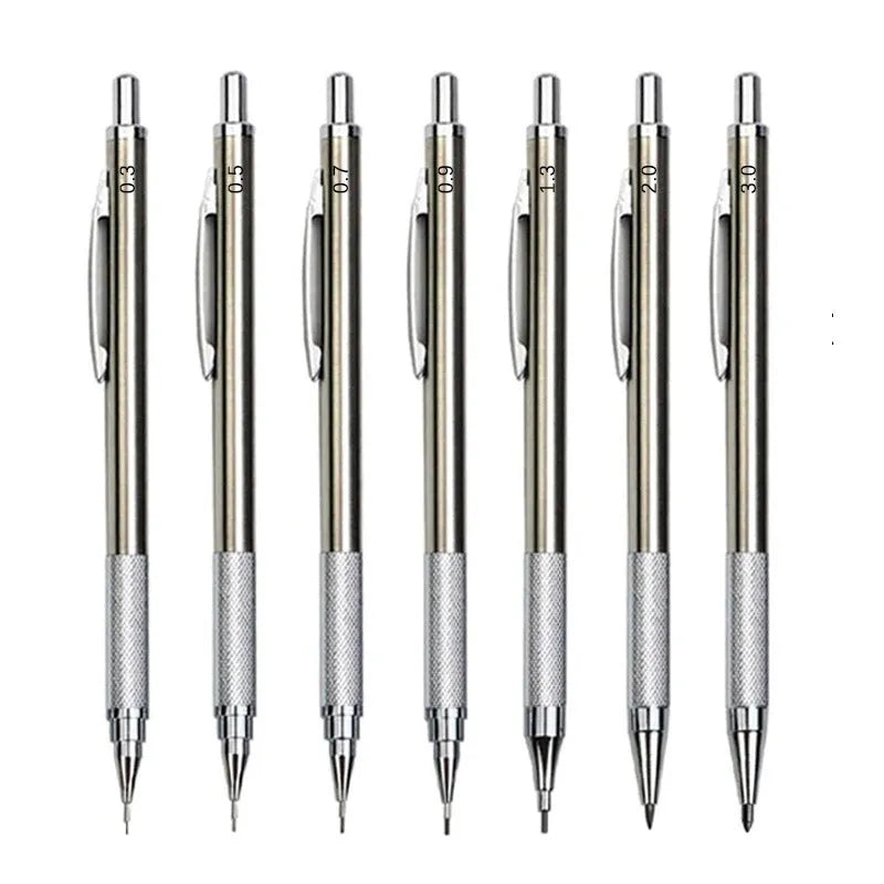 Metal automatic mechanical drafting pencil with multiple lead size options including 0.5mm and 2.0mm.