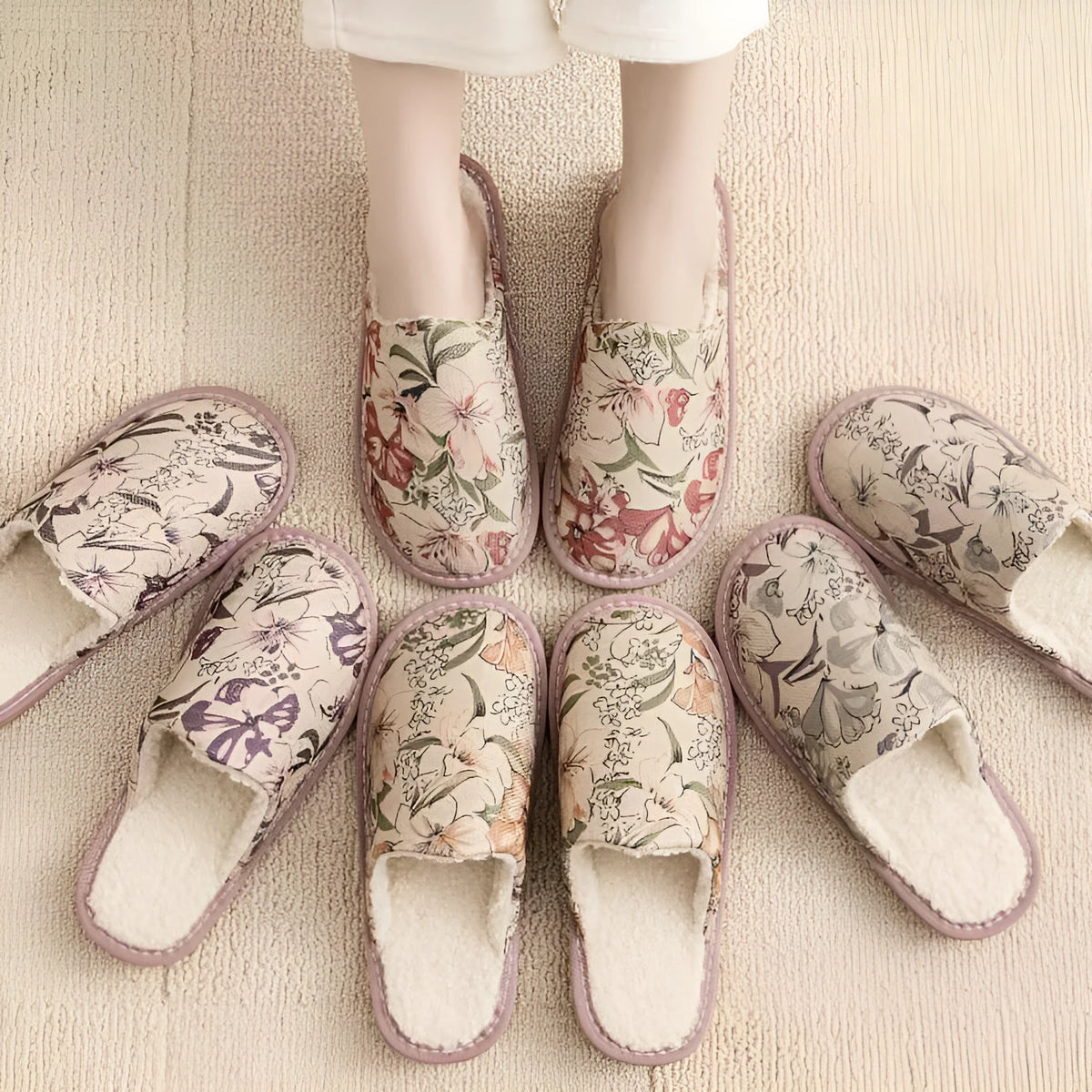 A pair of cotton household slippers with a linen surface and PVC sole in one of six colour options.