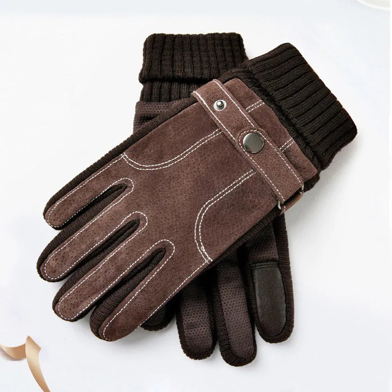 Men's warm genuine pigskin leather touch screen gloves in brown with fleece lining