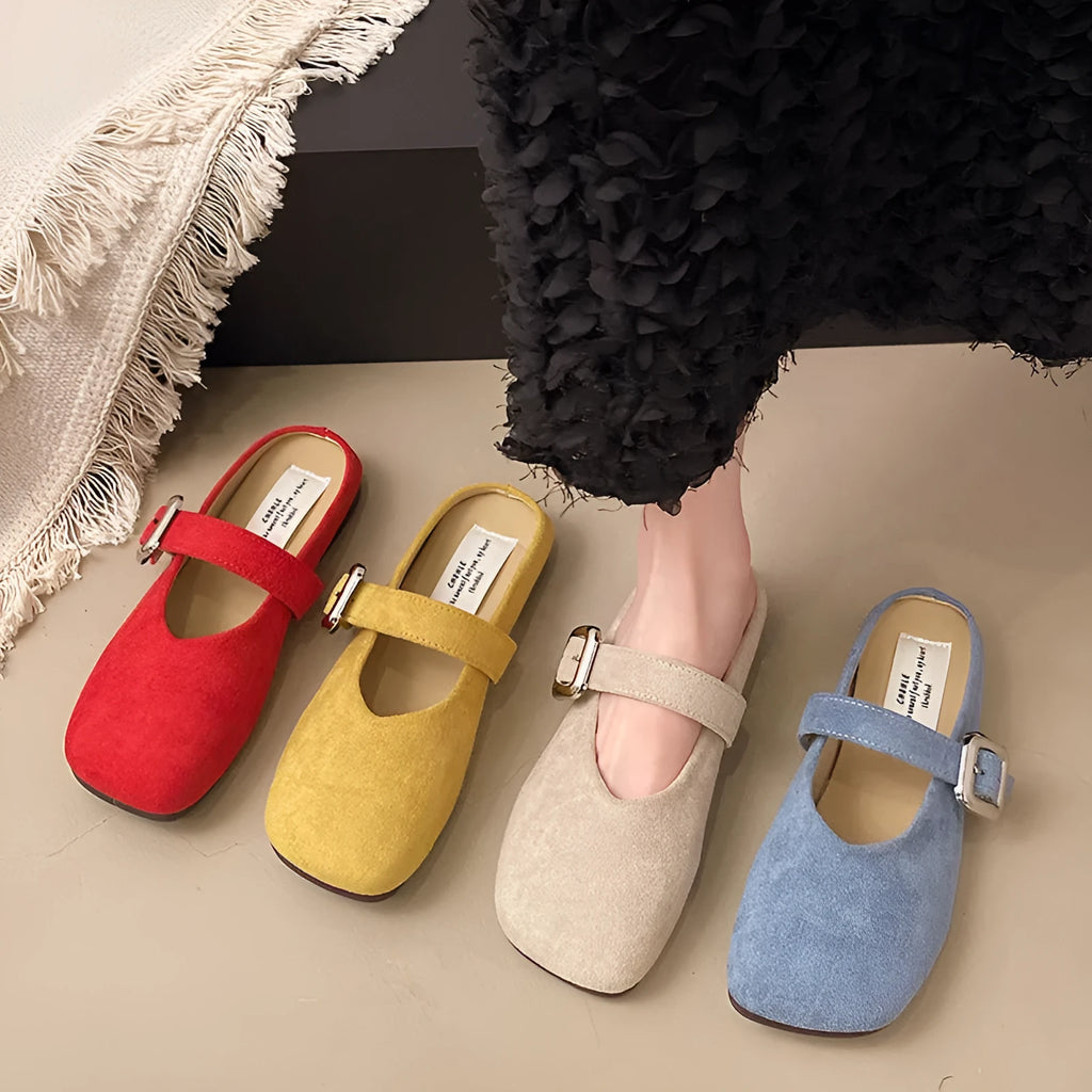 Women's flat closed toe slippers with square head design in apricot colour