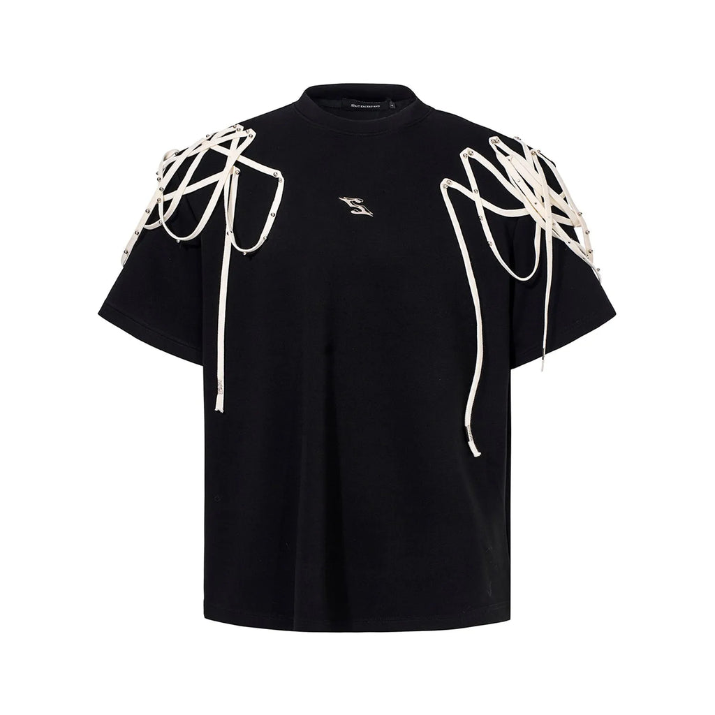 Black loose fit T-shirt with rivet ribbon padded shoulders, short sleeves, round neck