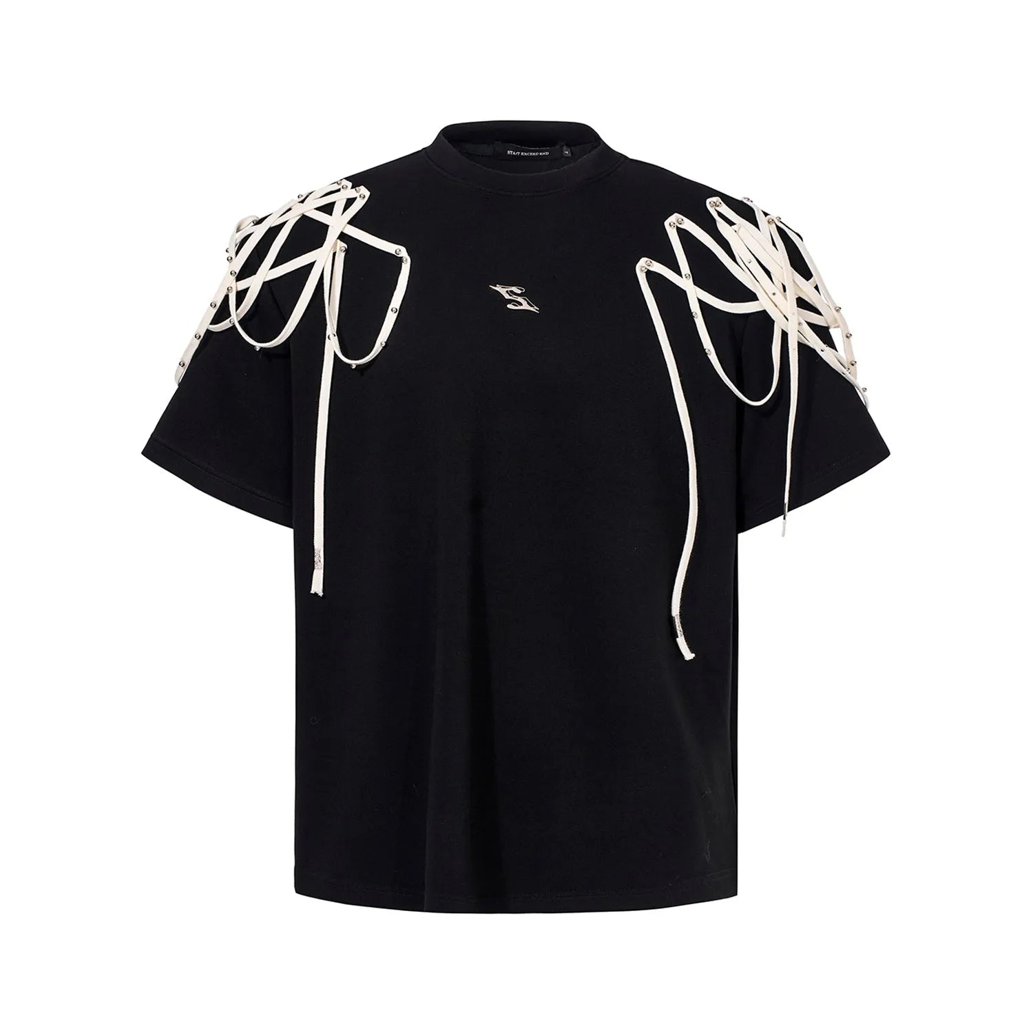 Black loose fit T-shirt with rivet ribbon padded shoulders, short sleeves, round neck
