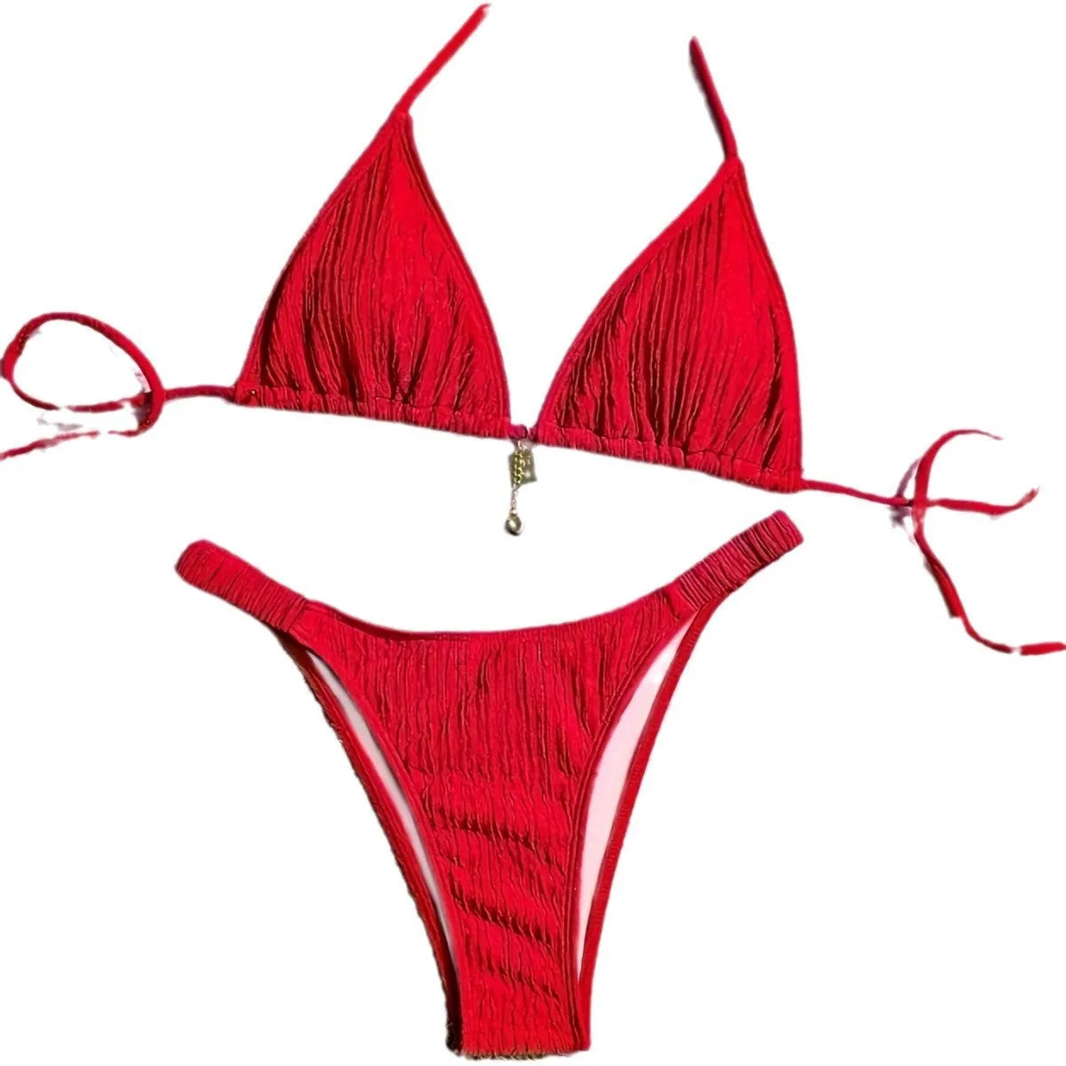 Red high waisted bikini set with tied split front and pleated detail, polyester nylon, sizes S to XL
