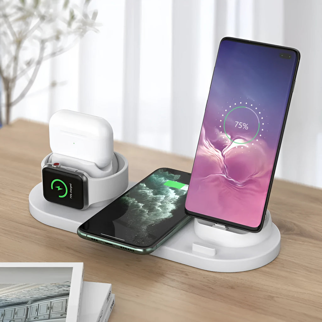 Black and white 6-in-1 wireless charging mobile phone holder showing adjustable stand and charging ports
