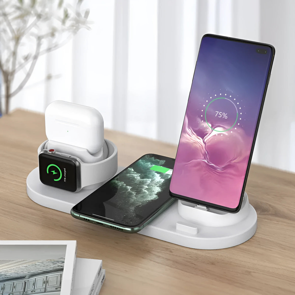 Black and white 6-in-1 wireless charging mobile phone holder showing adjustable stand and charging ports