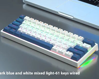 Bluish black 61-key compact mechanical keyboard with hot-swappable sockets and coloured keycaps.