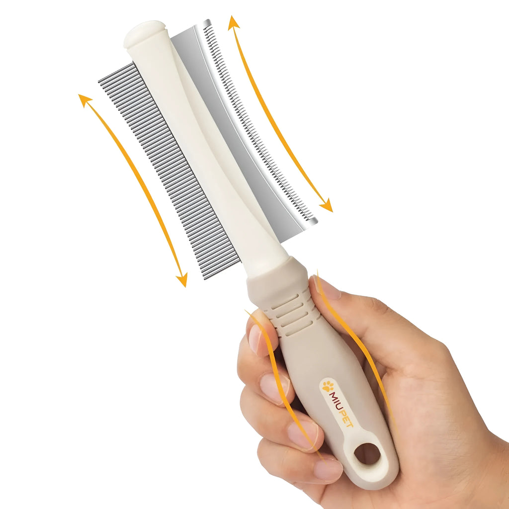 White 2 in 1 dog and cat deshedding brush with double-sided head and ergonomic handle.