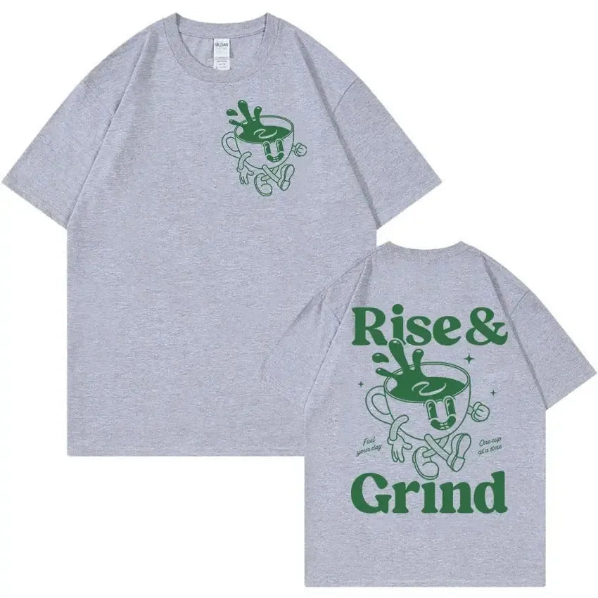Loose fit linen t-shirt with Rise And Grind Green Coffee cartoon graphic print, shown in multiple colour options.