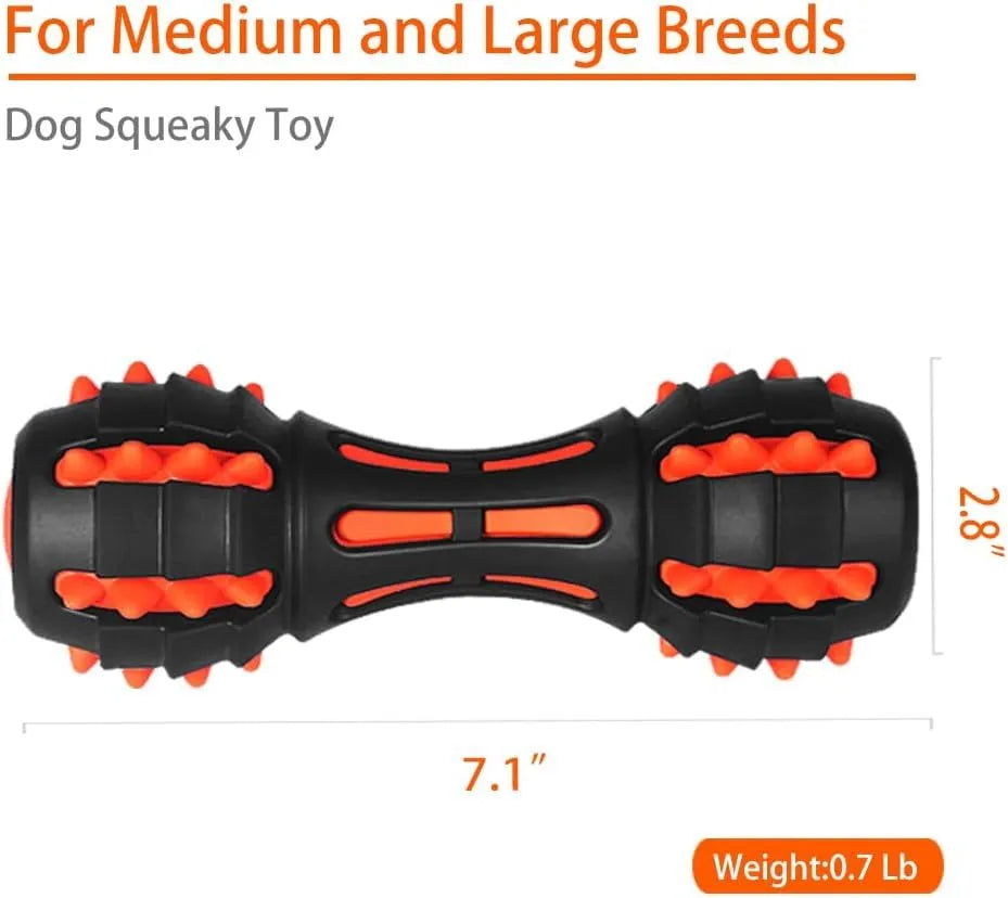 Red rubber dumbbell-shaped dog chew toy with squeaker for medium and large breed aggressive chewers.