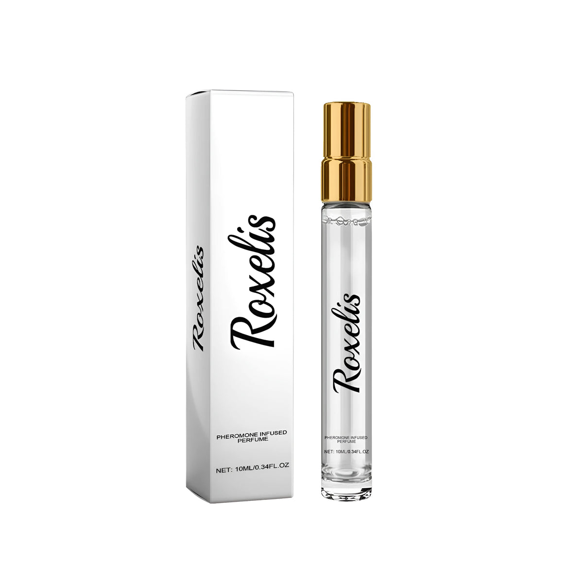 Pheromone infused roll-on perfume bottle, 2cm x 2cm x 12cm, with peach lemon pomegranate rose oil honeysuckle extracts