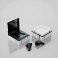 Gaming headset with digital display showing Bluetooth connectivity status and battery level