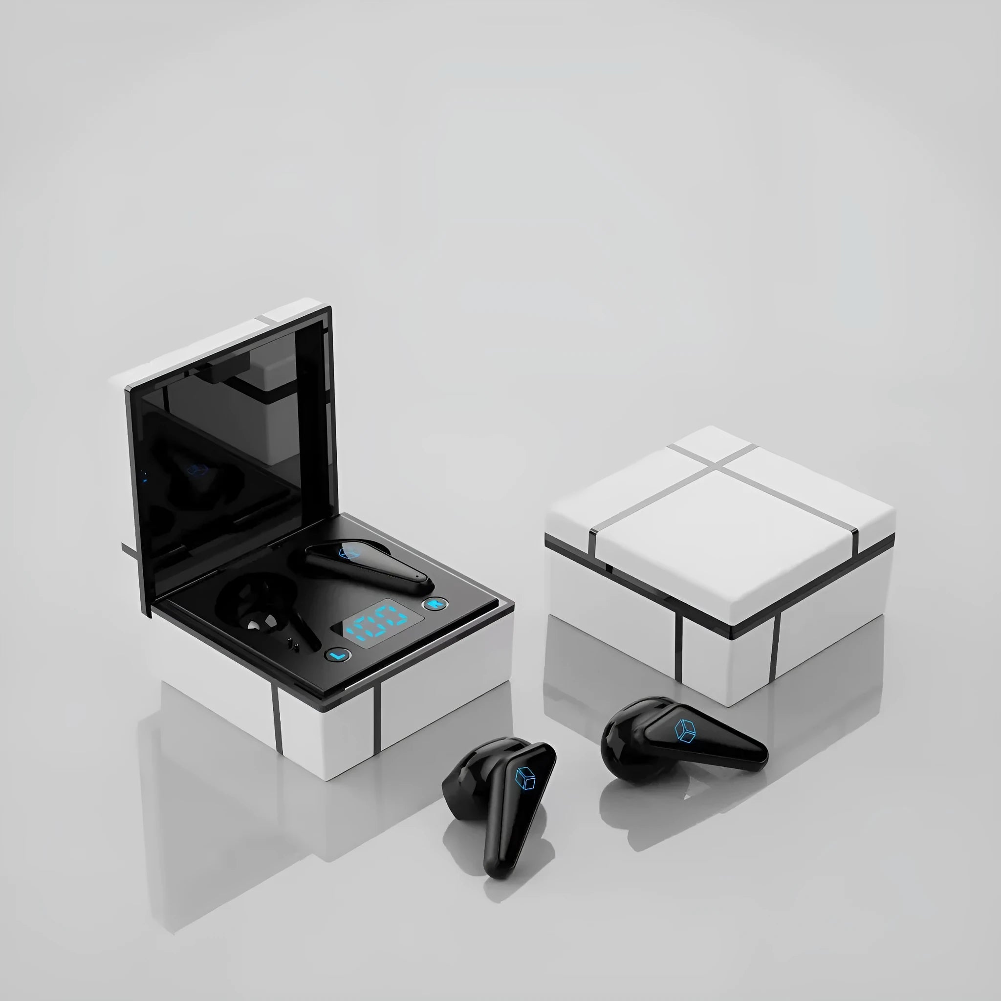 Gaming headset with digital display showing Bluetooth connectivity status and battery level
