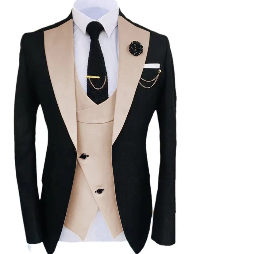 Men's slim fit three-piece business suit with coat, vest and trousers in cotton fabric