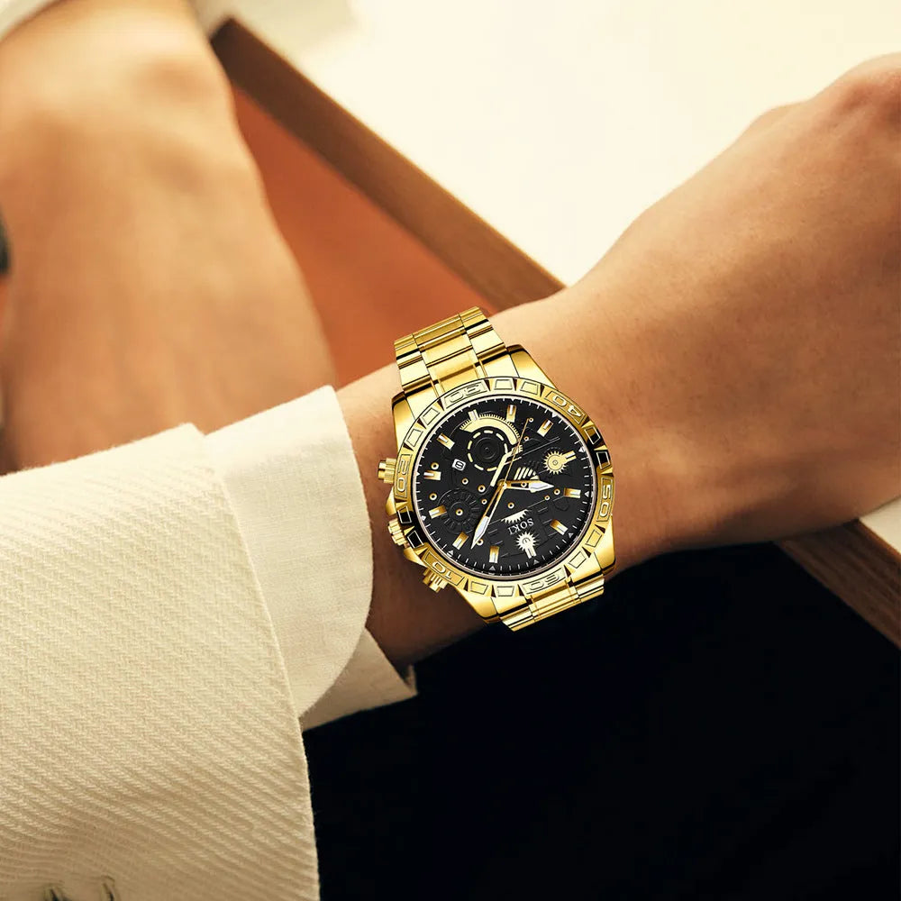 Men's gold stainless steel business quartz watch with calendar on steel bracelet