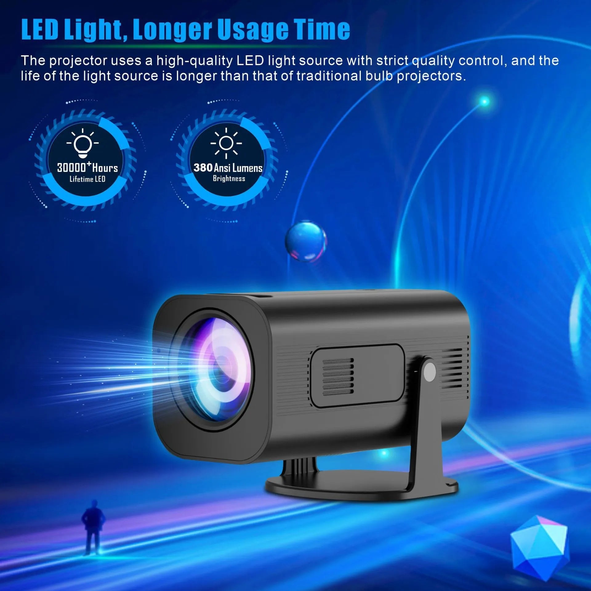 Black P330 portable mini projector with remote control on white background