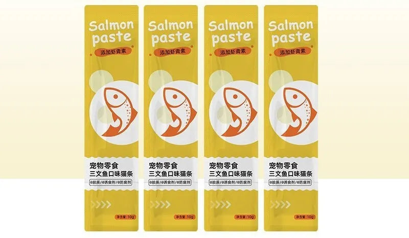 Pack of 10 low-fat cat snack strips in four flavour varieties for kittens.