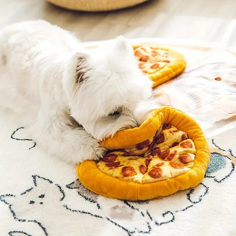 Yellow pizza slice shaped dog chew toy with teddy bear fabric and squeaker for small dogs