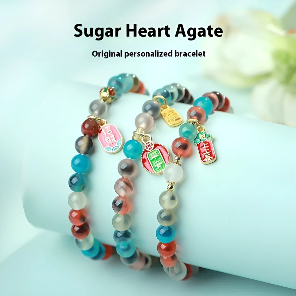 Women's natural agate bracelet with colourful sugar heart glaze and copper coin snake geometric design