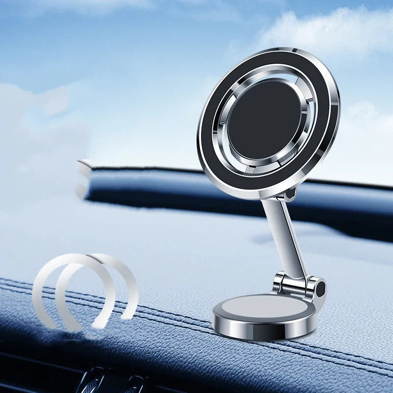 Car phone holder with flexible clip and 360-degree rotation on dashboard