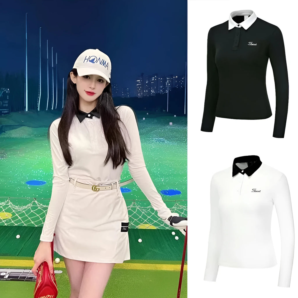 Women's white long sleeve golf top with slim fit polyester construction for outdoor sports