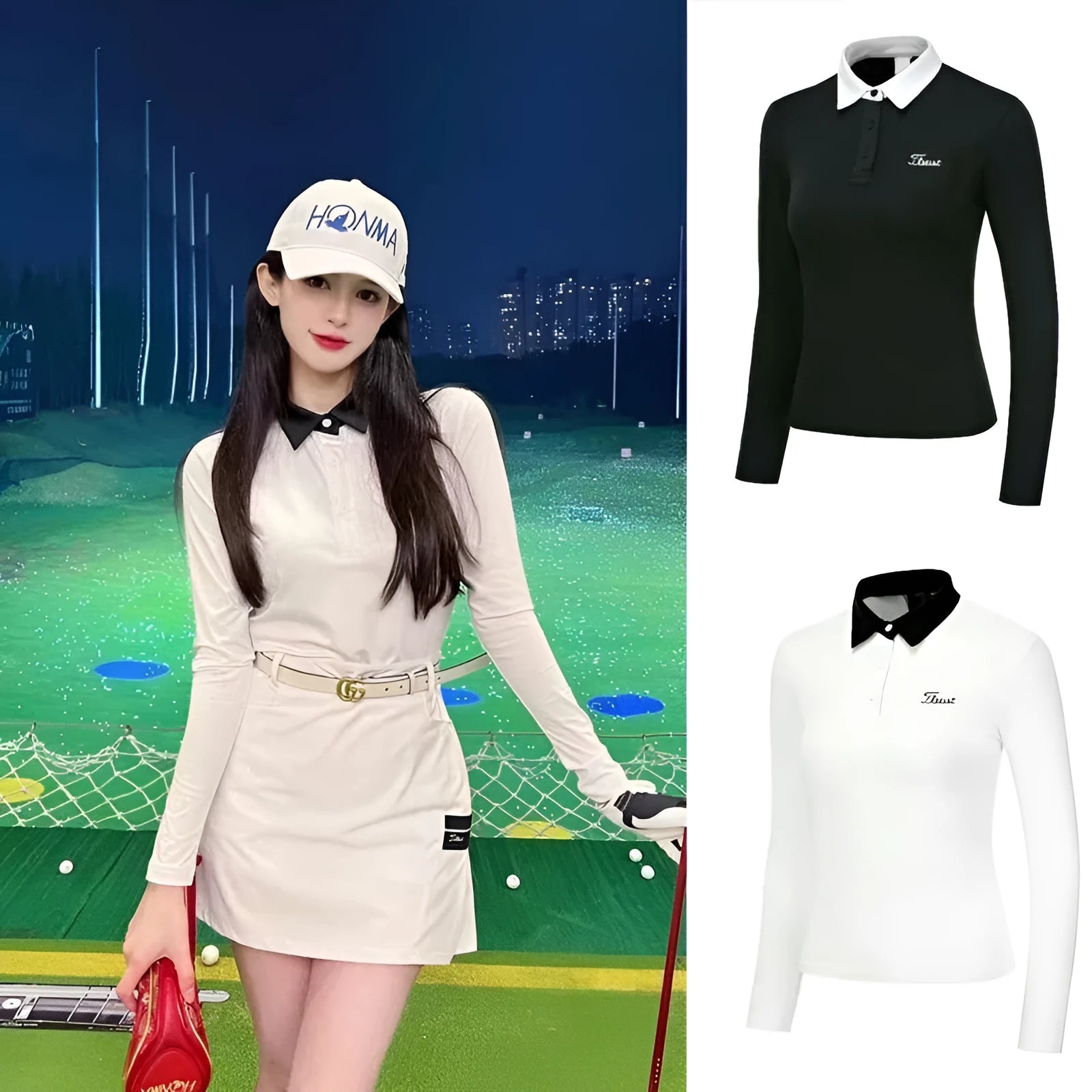 Women's white long sleeve golf top with slim fit polyester construction for outdoor sports