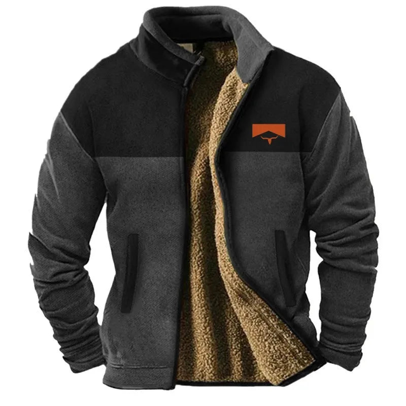 Men's green fleece padded coat with a regular 50cm length on a hanger.