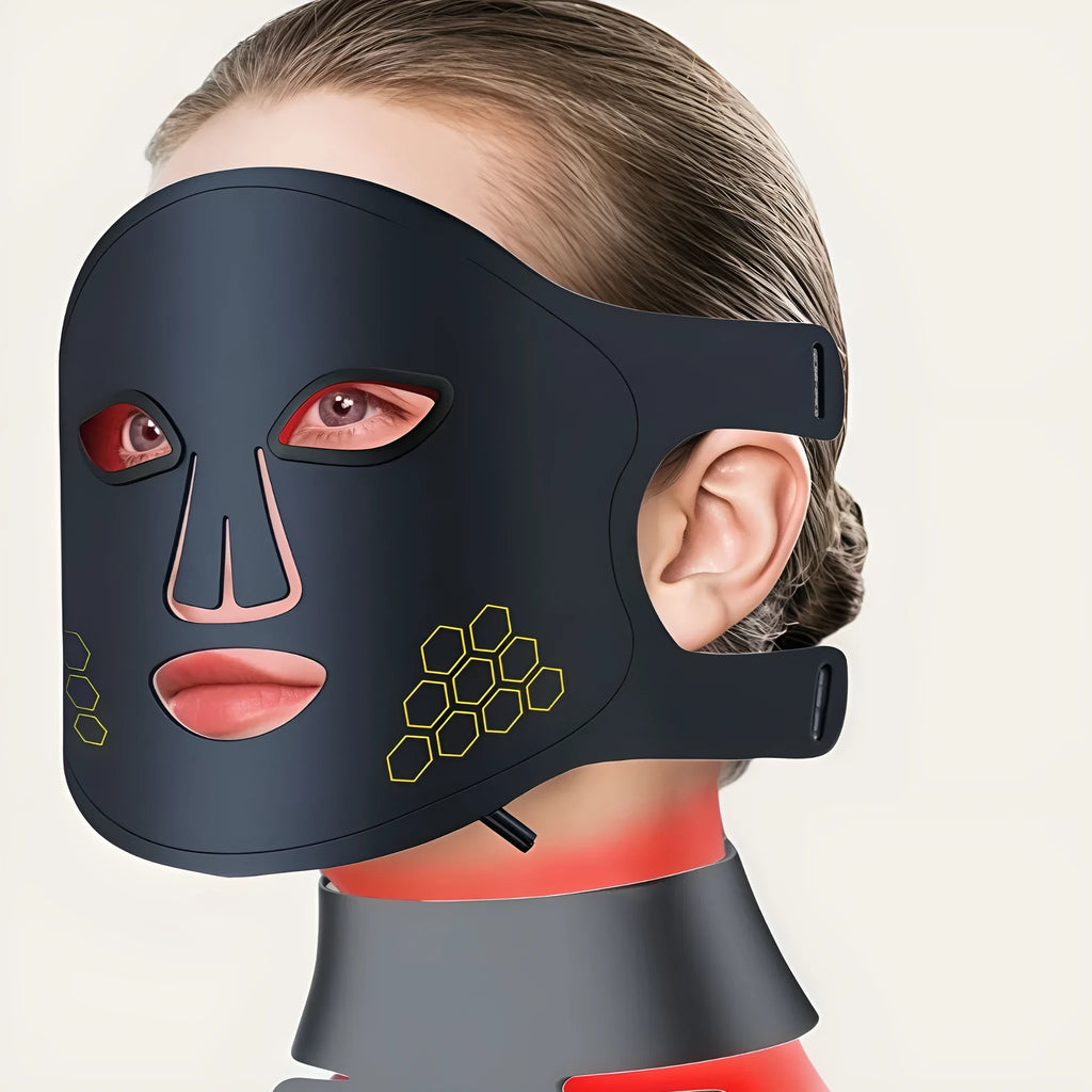 Black LED photon beauty mask with neck extension showing four-colour light therapy panels