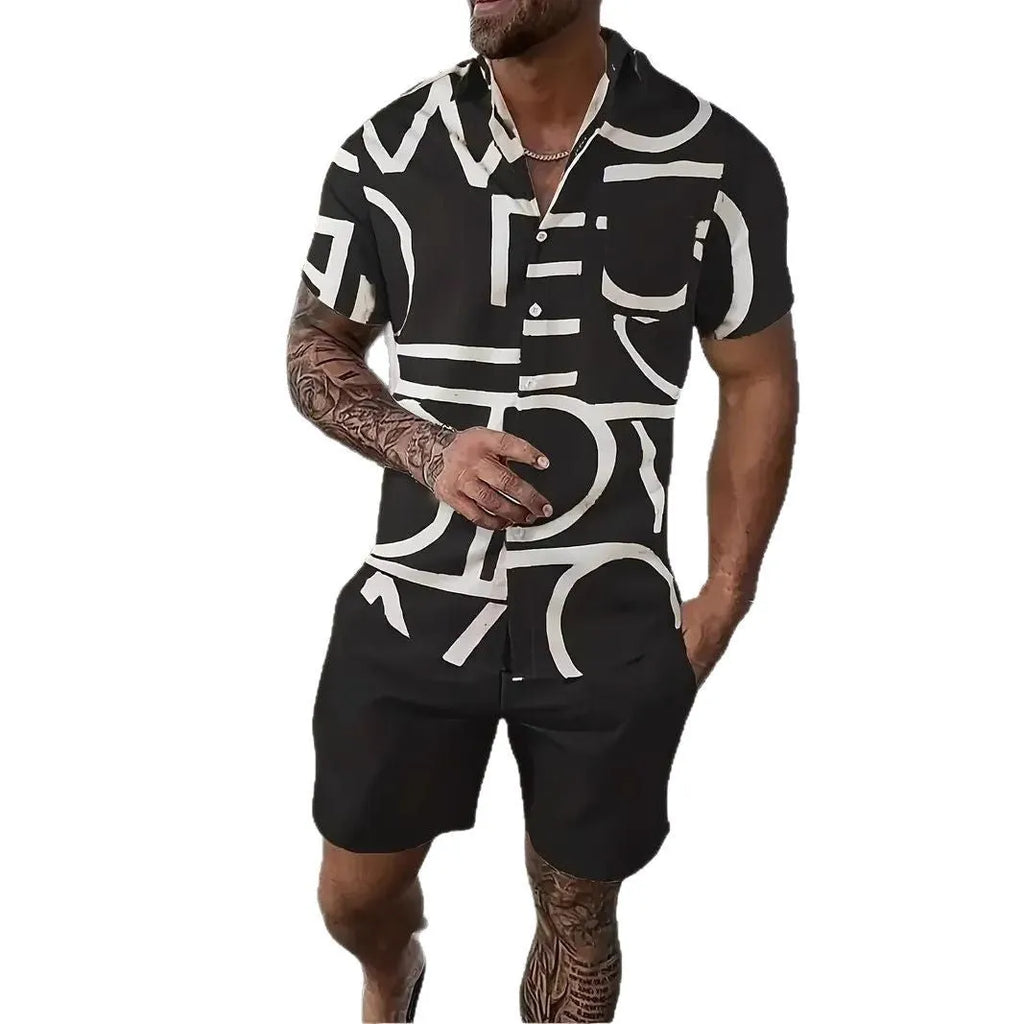 Men's Hawaii print short sleeve top and matching shorts leisure suit set on a hanger